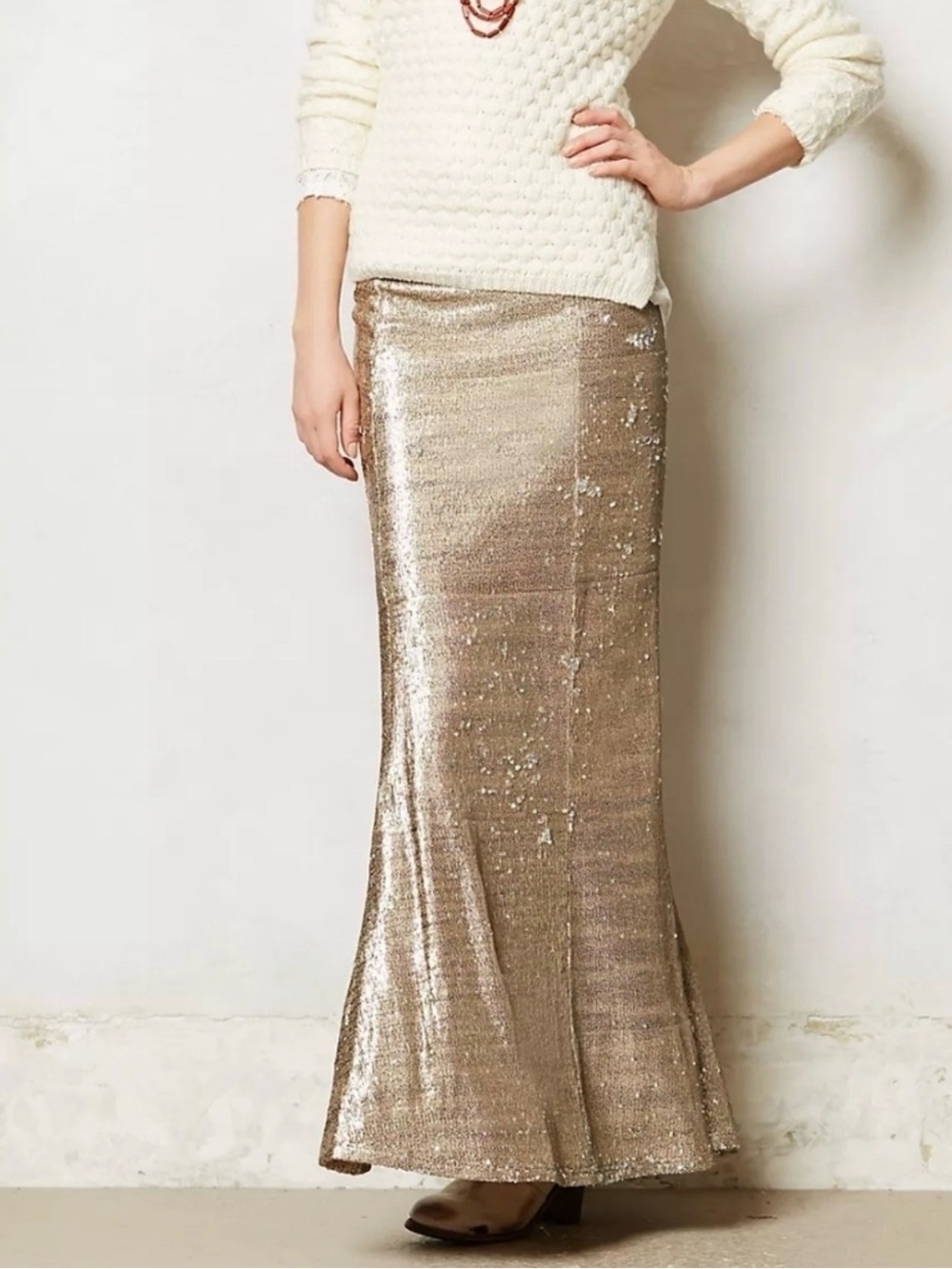 Anthropologie Line + Dot Gold Sequin Mermaid Maxi Skirt Size XS
